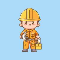 Cute engineer confident with tool at workshop kawaii chibi character mascot illustration outline style design vector