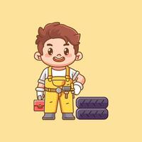 Cute mechanic hips with tool at workshop kawaii chibi character mascot illustration outline style design vector