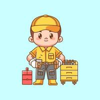 Cute mechanic confident with tool at workshop kawaii chibi character mascot illustration outline style design vector