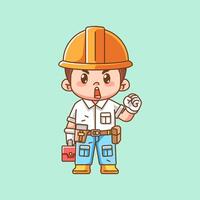 Cute cheer mechanic with tool at workshop kawaii chibi character mascot illustration outline style design vector