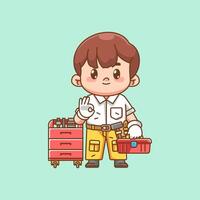 Cute ok gesture mechanic with tool at workshop kawaii chibi character mascot illustration outline style design vector