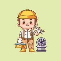 Cute mechanic carry tool at workshop kawaii chibi character mascot illustration outline style design vector
