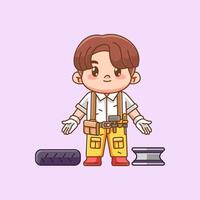 Cute mechanic offer tire with tool at workshop kawaii chibi character mascot illustration outline style design vector