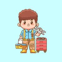 Cute mechanic hold tool at workshop kawaii chibi character mascot illustration outline style design vector
