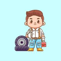 Cute mechanic ready with tool at workshop kawaii chibi character mascot illustration outline style design vector
