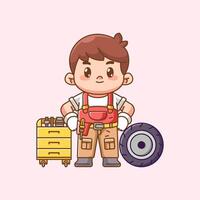 Cute hips mechanic with tool at workshop kawaii chibi character mascot illustration outline style design vector