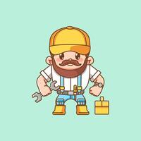 Cute muscular mechanic with tool at workshop kawaii chibi character mascot illustration outline style design vector