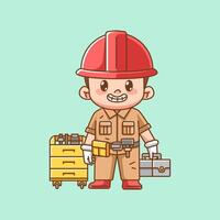 Cute smile mechanic with tool at workshop kawaii chibi character mascot illustration outline style design vector