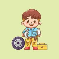 Cute mechanic thumbs with tool at workshop kawaii chibi character mascot illustration outline style design vector