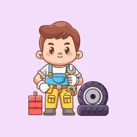 Cute show thumbs mechanic confident with tool at workshop kawaii chibi character mascot illustration outline style design vector