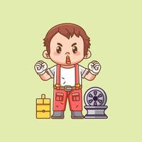 Cute spirit mechanic with tool at workshop kawaii chibi character mascot illustration outline style design vector