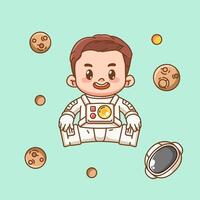 Cute astronaut boy jump in space kawaii chibi character mascot illustration outline style design vector