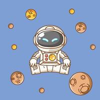 Cute astronaut jump in space kawaii chibi character mascot illustration outline style design vector