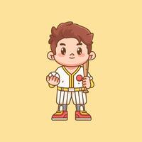Cute Baseball player with bat and ball kawaii chibi character mascot illustration outline style design vector