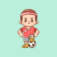 Cute soccer player step on ball kawaii chibi character mascot illustration outline style design vector