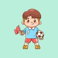 Cute soccer player kawaii chibi with ball and flag character mascot illustration outline style design vector