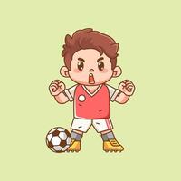 Cute soccer player shout with ball kawaii chibi character mascot illustration outline style design vector