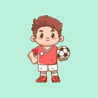 Cute soccer player pose kawaii chibi character mascot illustration outline style design vector