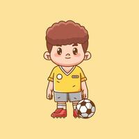 Cute soccer player stand with ball kawaii chibi character mascot illustration outline style design vector