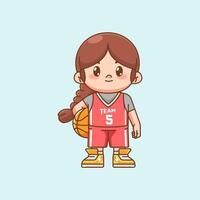 Cute girl basketball player play basket character chibi kawaii mascot illustration outline style design vector