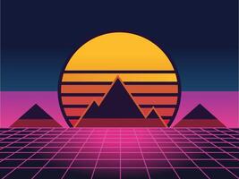 Simple 90s style minimalist background graphic elements of skyline with landscape and sunset, perfect for summer travel designs vector