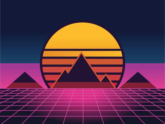 Simple 90s style minimalist background graphic elements of skyline with landscape and sunset, perfect for summer travel designs