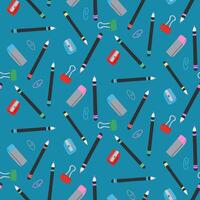 Seamless pattern with flat color pencils, sharpener, eraser and paper clip. Traditional artistic or kids craft supplies, creative hobby accessories vector