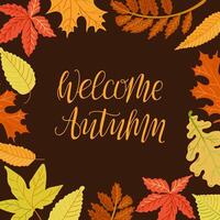Autumn square contrast banner with colored leaves and calligraphic lettering Welcome Autumn. Hand drawn flat style. Simple botanical illustration vector