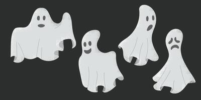 Collection of hand drawn contrast ghosts with grunge texture. Funny ghosts with different face expressions Scary design for Halloween on dark background. vector