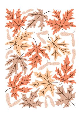 Vintage botanical mid century poster or art print with maple leaves and seeds. Hippie 60s, 70s style. Isolated leaves with maple key in nostalgic style