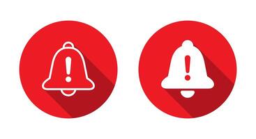 Warning notification bell icon with long shadow. Exclamation mark on bells vector