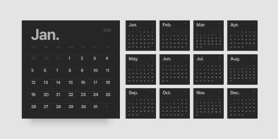 Monthly calendar template for 2025 year. Wall calendar in black and dark color. Week Starts on Sunday. vector