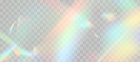 Blurred rainbow refraction overlay effect. Light lens prism effect on transparent background. Holographic reflection, crystal flare leak shadow overlay. vector