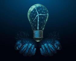 Two human hands are holds wind Generation Turbine. Renewable alternative energy concept with glowing low poly windmill on dark blue background. Wireframe low poly design. vector