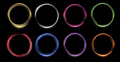 Glowing magic rings set. Neon realistic energy flare rings with sparkling particles. Abstract light effect on a black background. vector