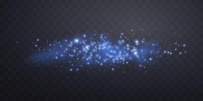 Blue glittering dots, particles, stars, magic sparks with smoke. Glow flare light effect. Blue luminous points in fog. vector