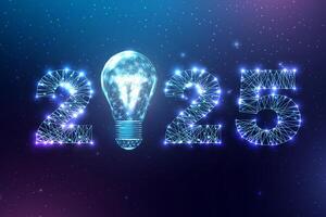 Happy new year 2025 greeting card. Low poly style design. Numbers and lightbulb from a polygonal wireframe mesh. vector
