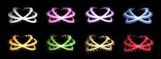 Glowing magic rings set. Neon realistic energy flare rings with sparkling particles. Abstract light effect vector