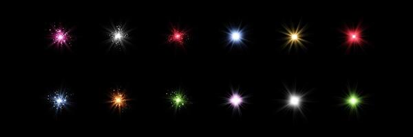 Different colors sunlight lens flare, sun flash with rays and spotlight. Glowing burst explosion vector