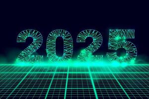 Happy new year 2025 greeting card, numbers from a polygonal wireframe mesh with green smoke. Abstract background. vector