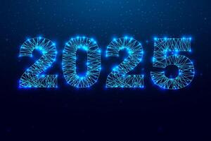 Happy new year 2025 greeting card. Low poly style design. Numbers from a polygonal wireframe mesh. vector