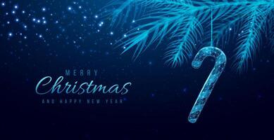 Candy cane and tree branches, Christmas concept with glowing low poly candy on dark blue background. Wireframe low poly design. vector