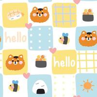 Seamless pattern of cute face tiger with icon in rectangular frame background.Pastel.Wild animal head character cartoon design.Sushi japanese food,bee,heart,hello hand drawn.Kawaii. vector