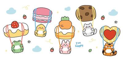 Set of cute animals parachute bakery shape on the sky background.Frog,chicken,rabbit,cat,tiger hand drawn.Sweet.Dessert.Cake.Cookies.Macaron.Kawaii.Illustration. vector