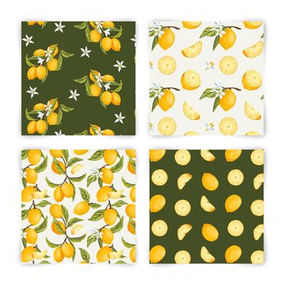 Yellow lemons, lemon wedge, blossom and green leaves seamless pattern on different backgrounds. Perfect for wallpapers, packaging, textile, posters, labels. Sicilian citrus fruit. illustration