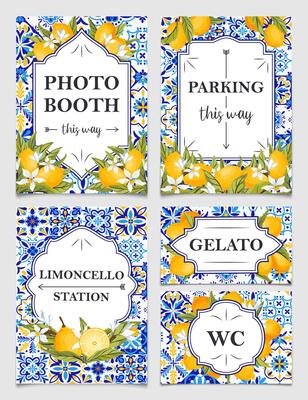 Blue tiles and lemon wedding signposts, Mediterranean bridal shower road signs, Lemon direction pointer signs. Themed Amalfi coast party decoration. illustration.