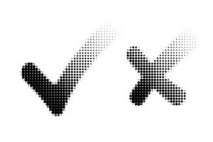 Halftone check marks. Black dotted check mark and cross signs isolated on white. Confirm and delete symbols. illustration. vector