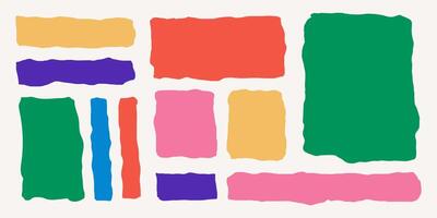 Set of multi-colored frames of different shapes and sizes made of torn paper, rectangles with jagged edges isolated on white background. Old ripped paper, silhouettes. vector