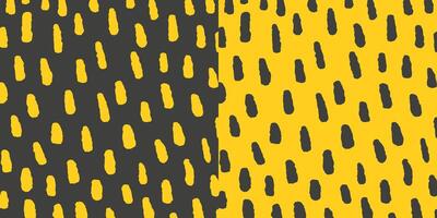 Set of two hand drawn square patterns, chaotic vertical textured scratches on black and yellow background. Pencil textured strokes and dots, rain, sketch. vector