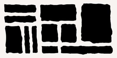 Set of black frames of different shapes and sizes made of torn paper, rectangles with jagged edges isolated on white background. Template for text, banner. vector